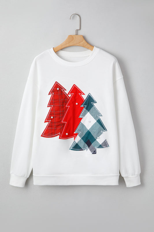 White Pearl Plaid Christmas Tree Patched Drop Shoulder Sweatshirt
