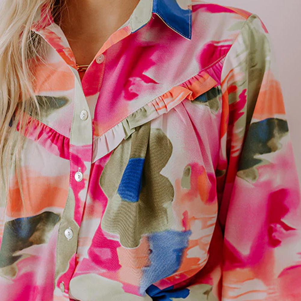 Rose Abstract Print Ruffled Puff Sleeve Shirt