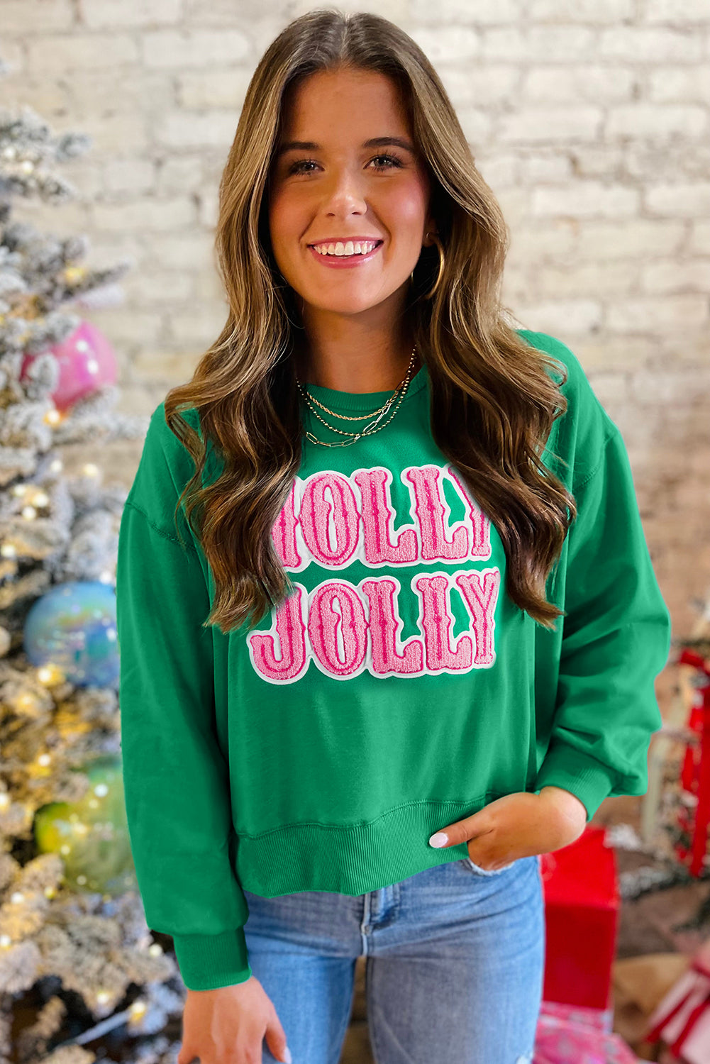 Sea Green HOLLY JOLLY Towel Embroidered Christmas Holiday Sweatshirt