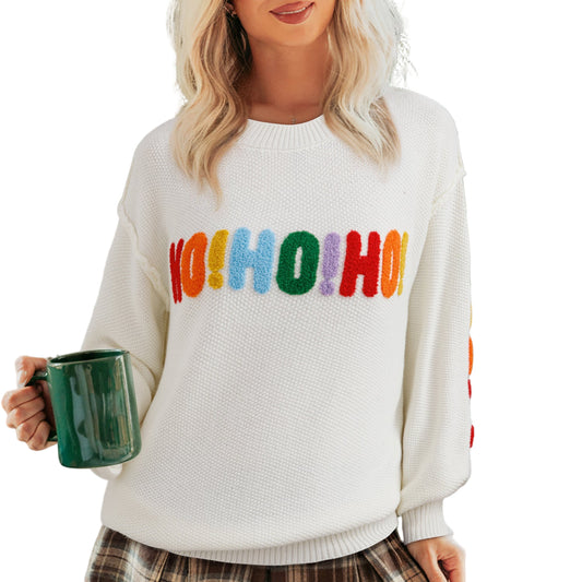 White HOHOHO MERRY CHRISTMAS Chenille Graphic Drop Shoulder Holiday Sweater
