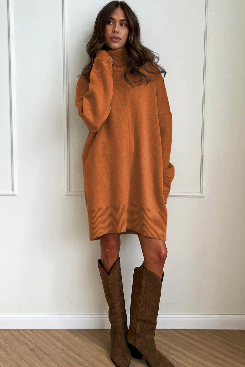 Gold Flame Solid Color Turtleneck Drop Shoulder Loose Sweater Dress