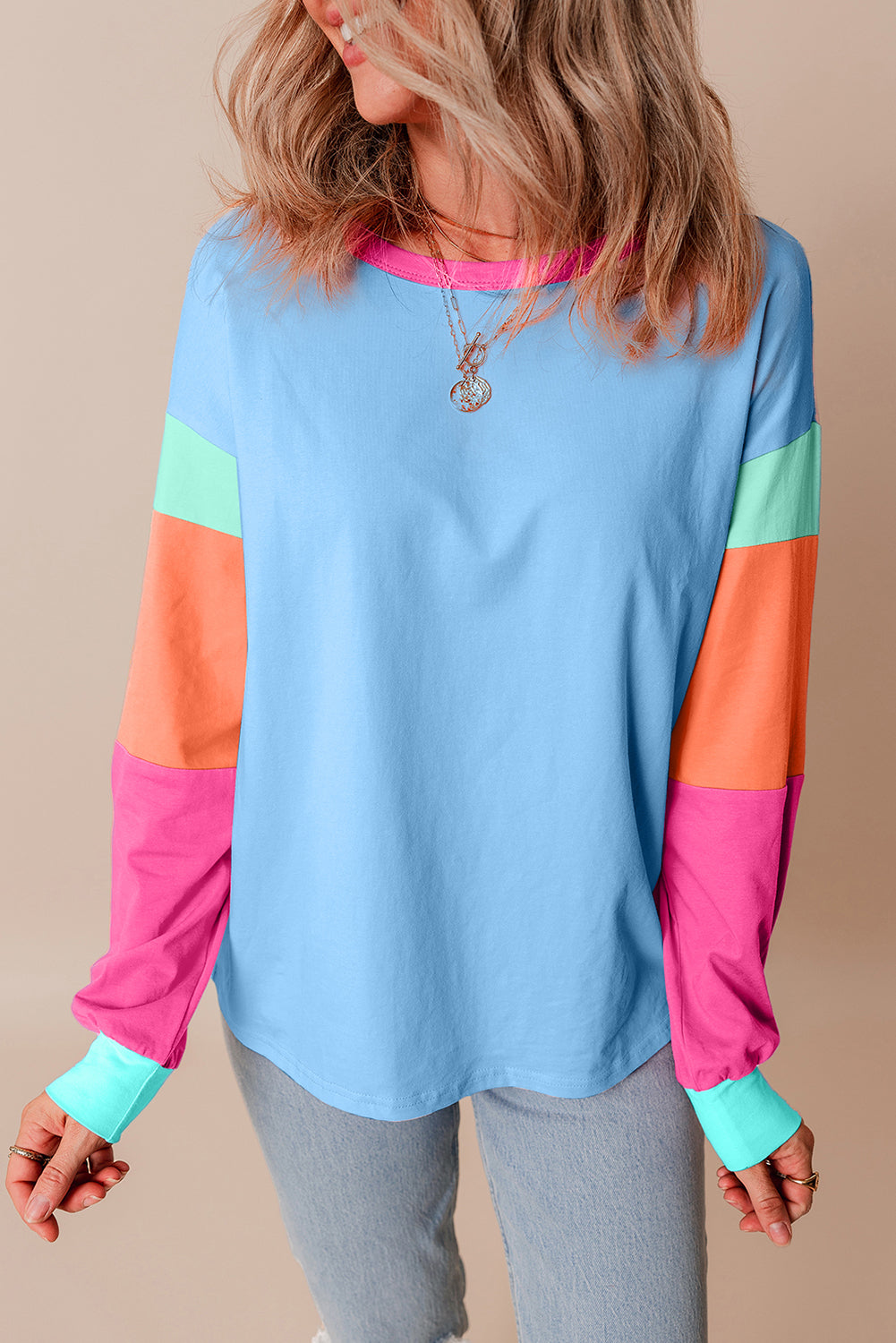 Piper Sky Blue Colorblock Patchwork Top