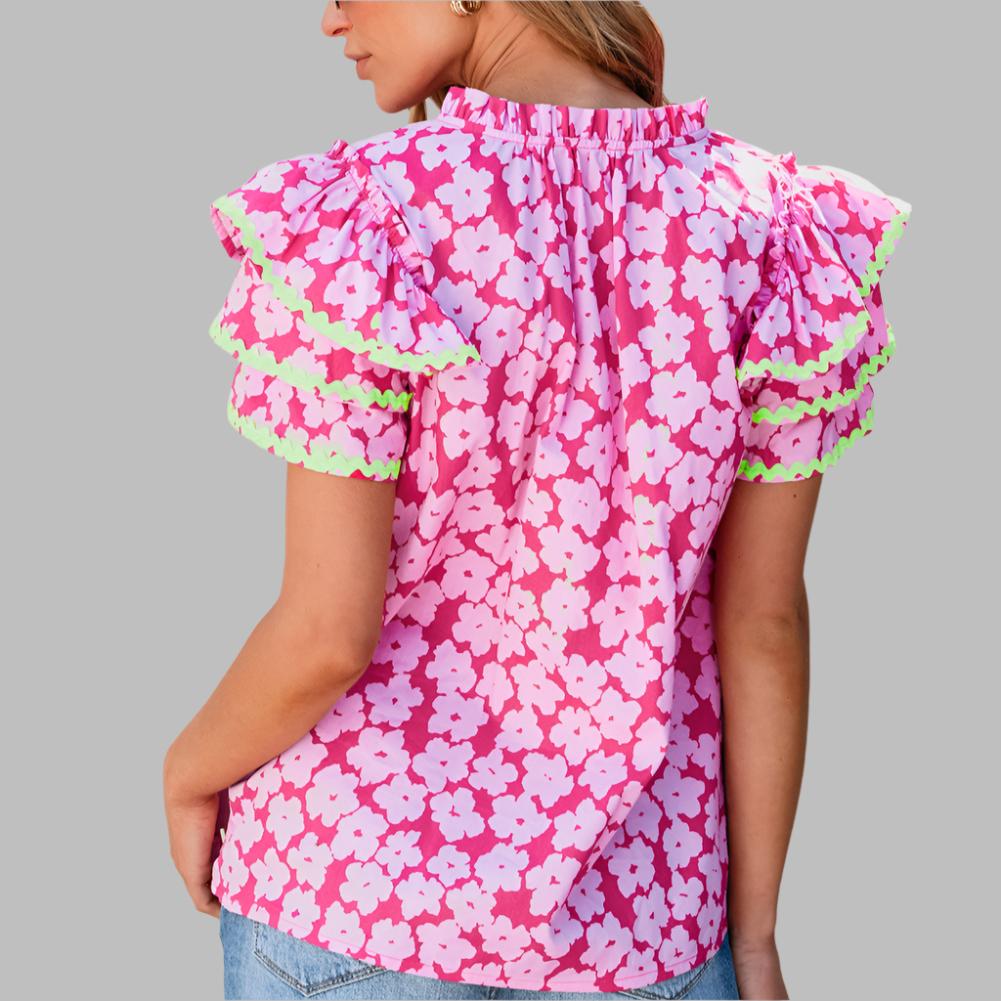 Laken Pink Floral Ric Rac Sleeve Top