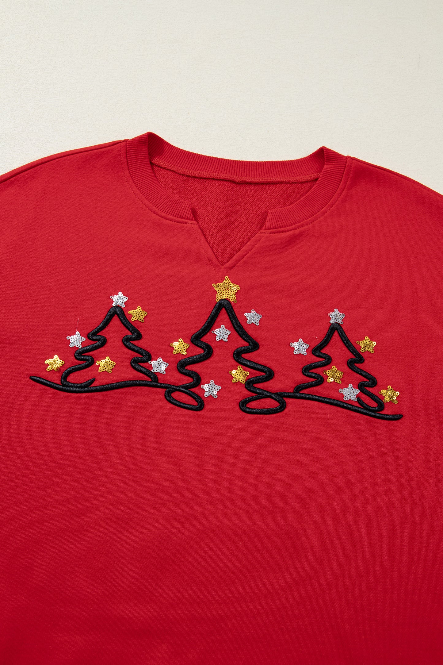 Tomato Red Christmas Tree Embroidered Notched Neck Cropped Sweatshirt