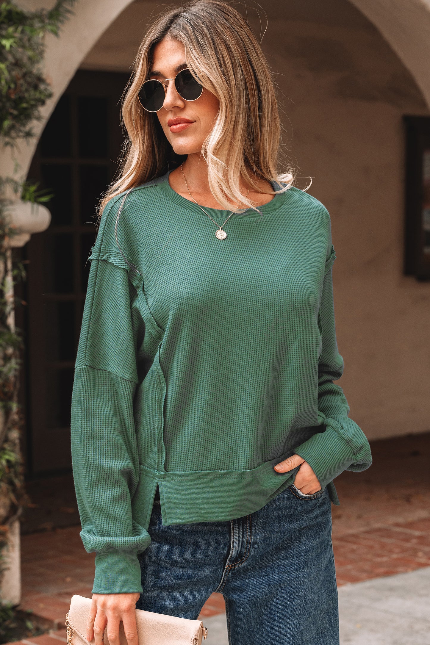 Evergreen Solid Color Raw Seam Patchwork Textured Drop Shoulder Sweatshirt
