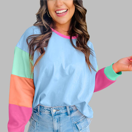 Piper Sky Blue Colorblock Patchwork Top