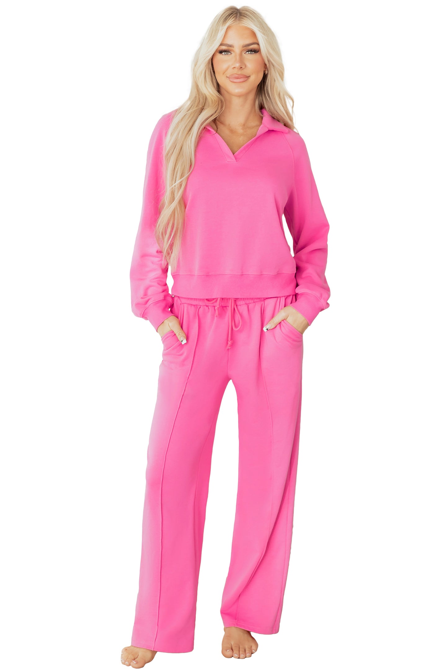 Sachet Pink Solid Color Collared Pullover and Central Seam Pants Set