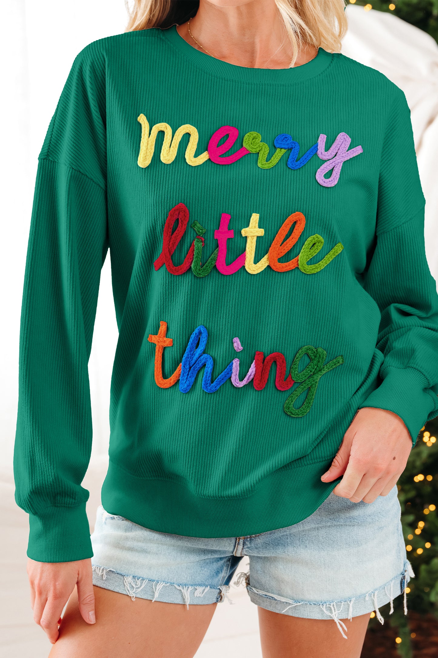 Dark Green merry little thing Corded Letter Graphic Ribbed Loose Sweatshirt