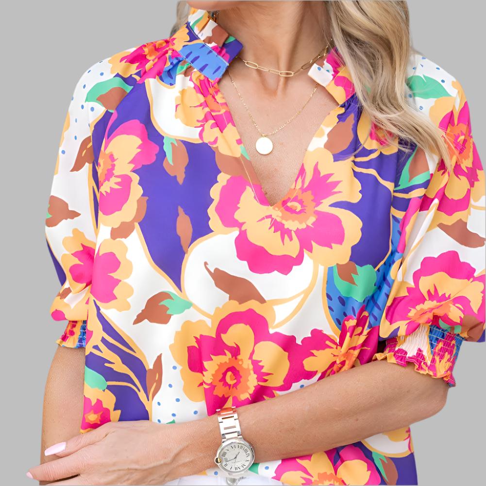 Kinnley Floral Split Neck Bubble Sleeve Top