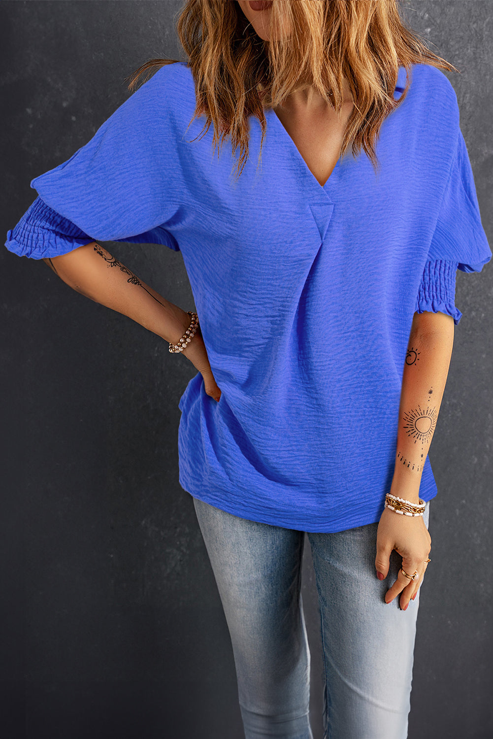 Audrey Blue Collared Smocked Sleeve Top