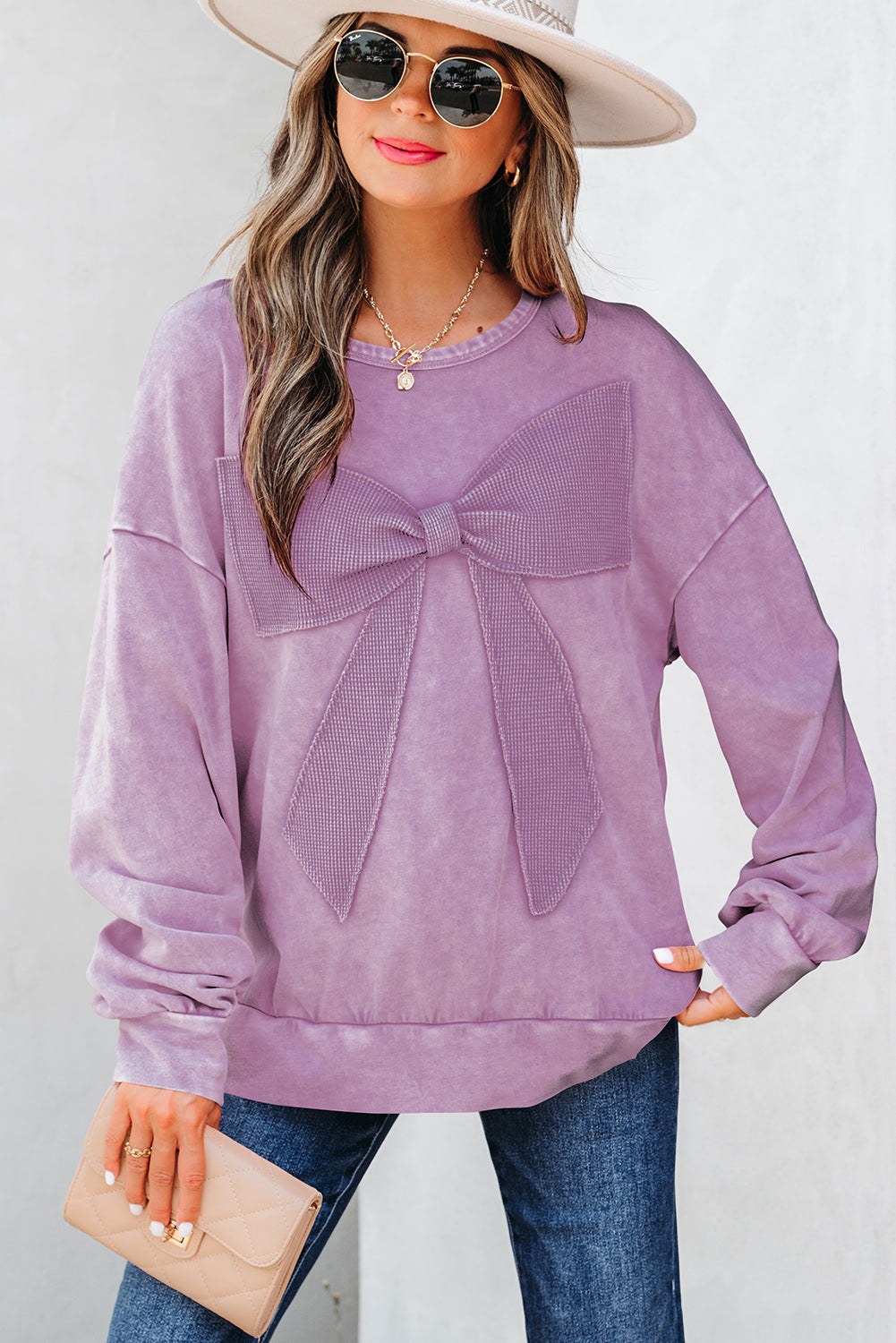 Orchid Bouquet Mineral Wash Big Bow Patchwork Pullover Sweatshirt