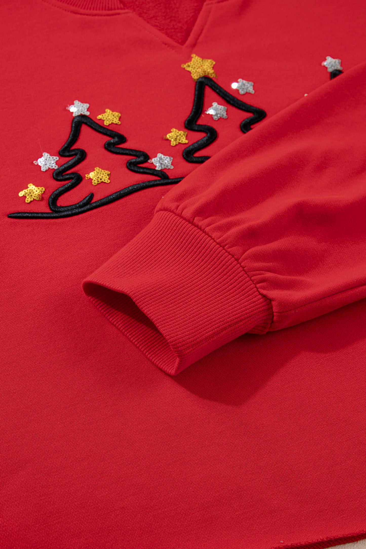 Tomato Red Christmas Tree Embroidered Notched Neck Cropped Sweatshirt