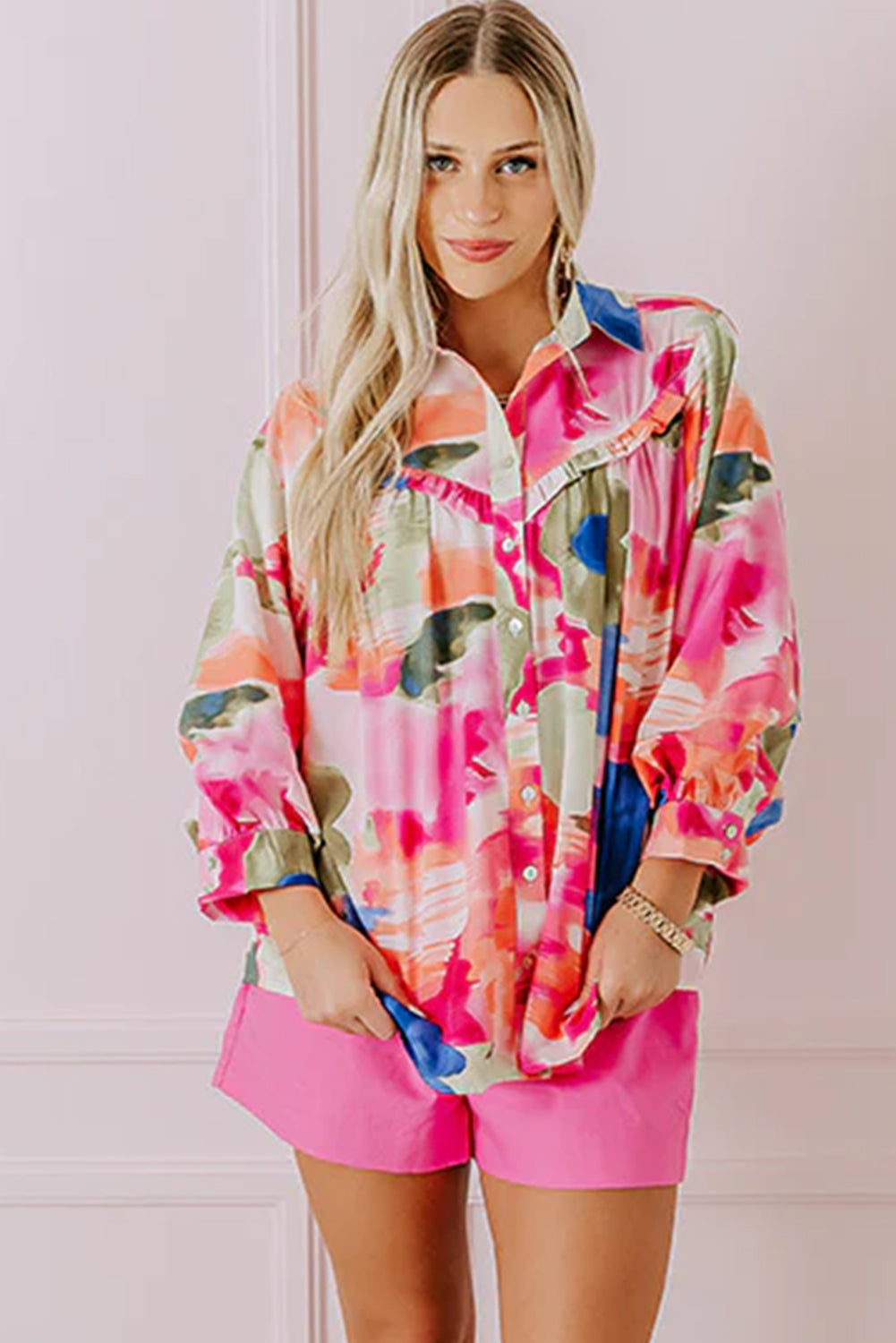 Rose Abstract Print Ruffled Puff Sleeve Shirt