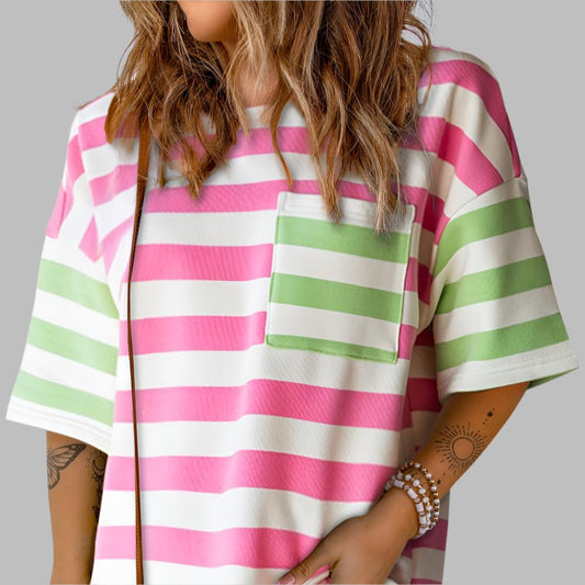 Val Pink Stripe Contrast Patch Pocket T-Shirt