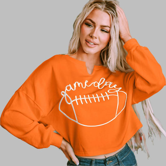 Orange Game Day Lettering Rugby Football Notched Neck Sweatshirt