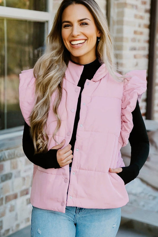 Pink Stand Neck Flutter Sleeve Snap Button Puffer Vest