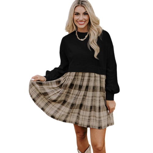 Evey Black Plaid Patchwork Sweatshirt Dress