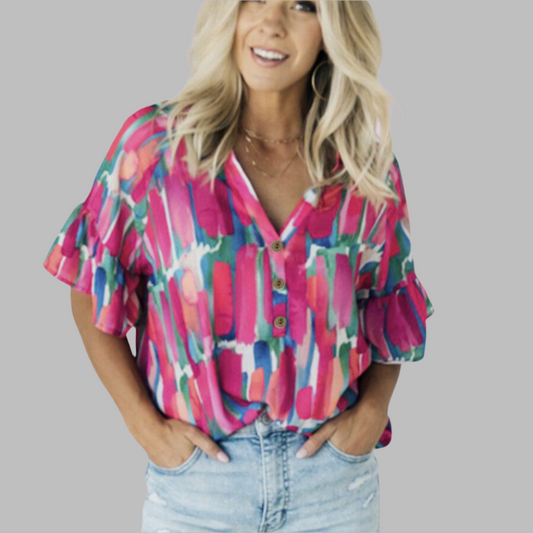 Riley Brushwork Buttoned V-Neck Blouse