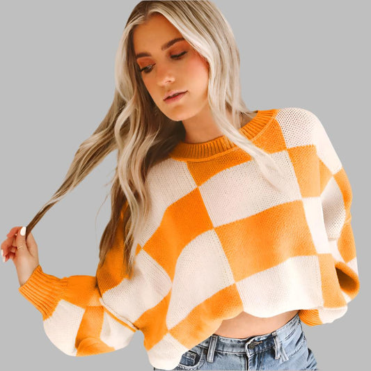 Nora Orange Checkered Sleeve Sweater