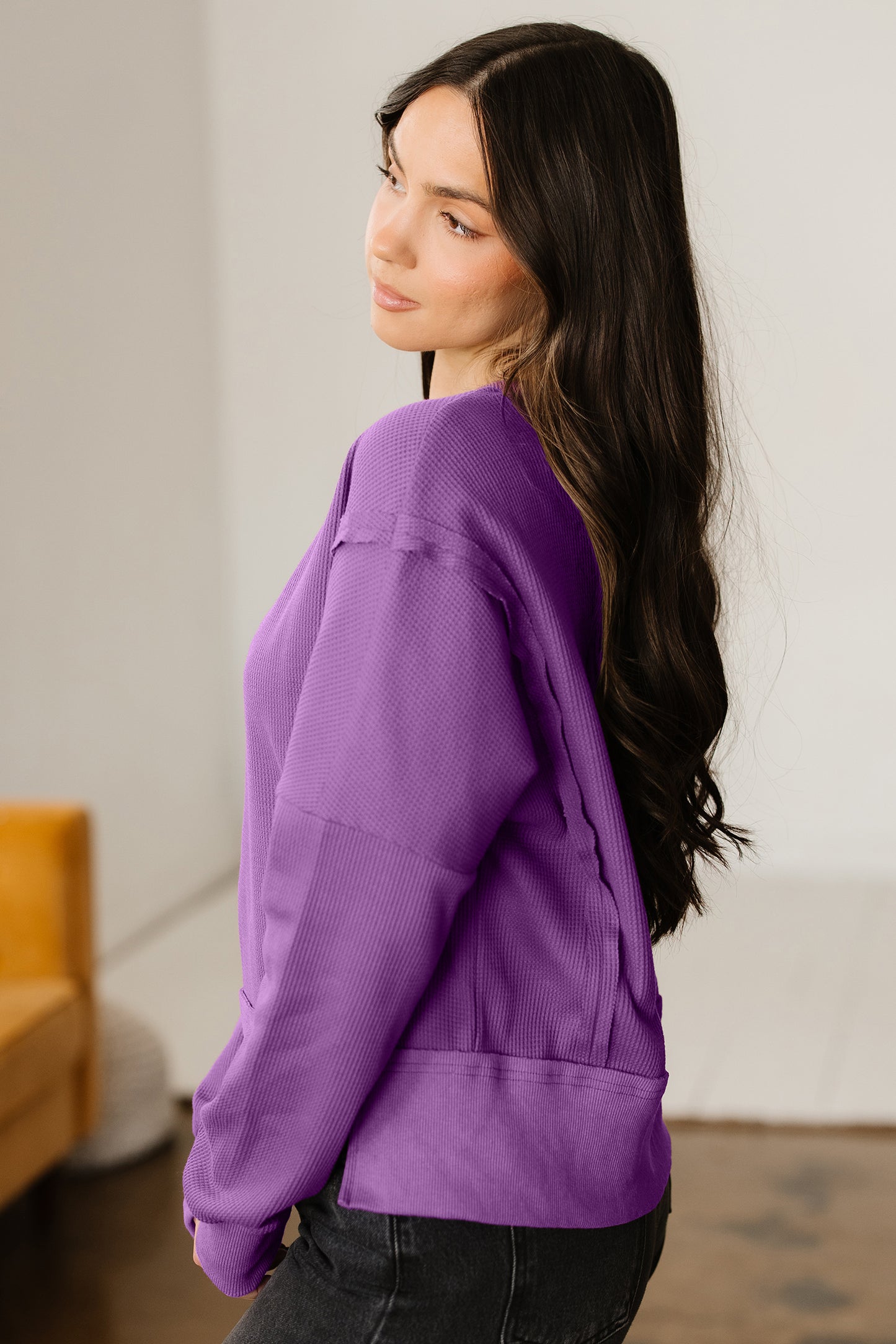 Orchid Mist Solid Color Raw Seam Patchwork Ribbed Drop Shoulder Sweatshirt