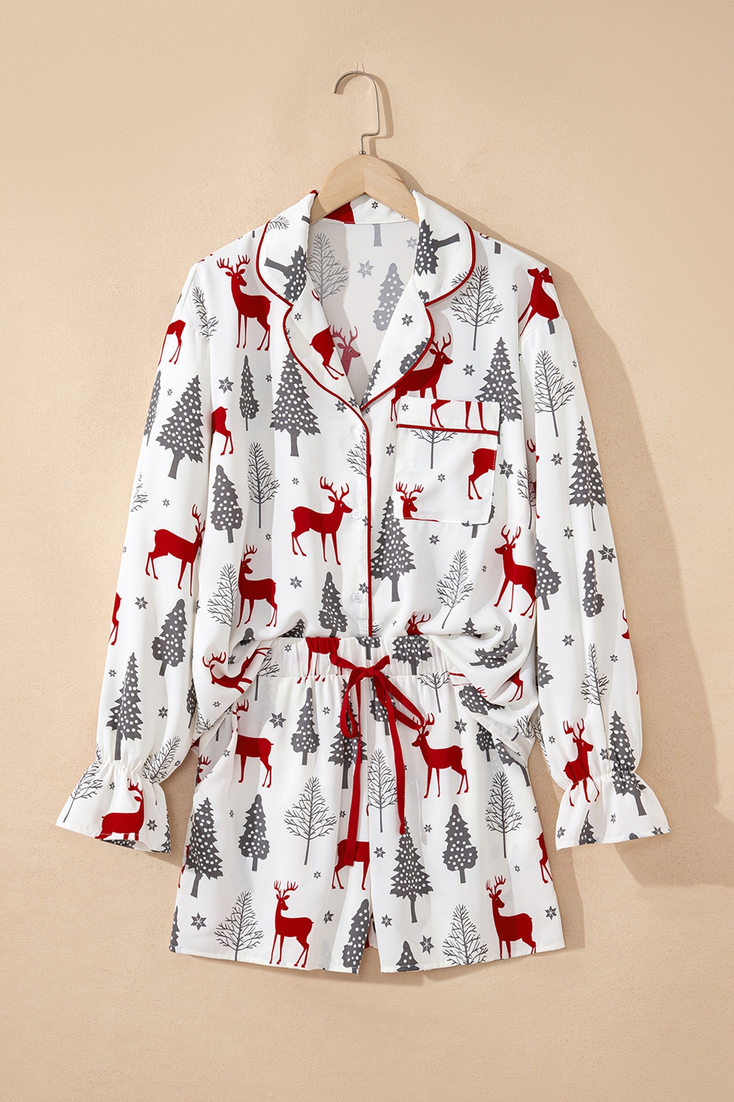 White Christmas Fashion Print Velvet Trim Bow Knot Pajama 2pcs Short Set