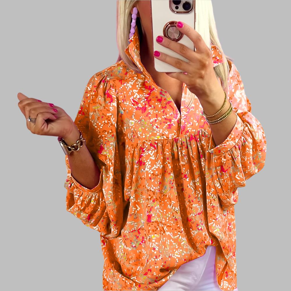 Reese Orange Abstract Collared Babydoll Blouse