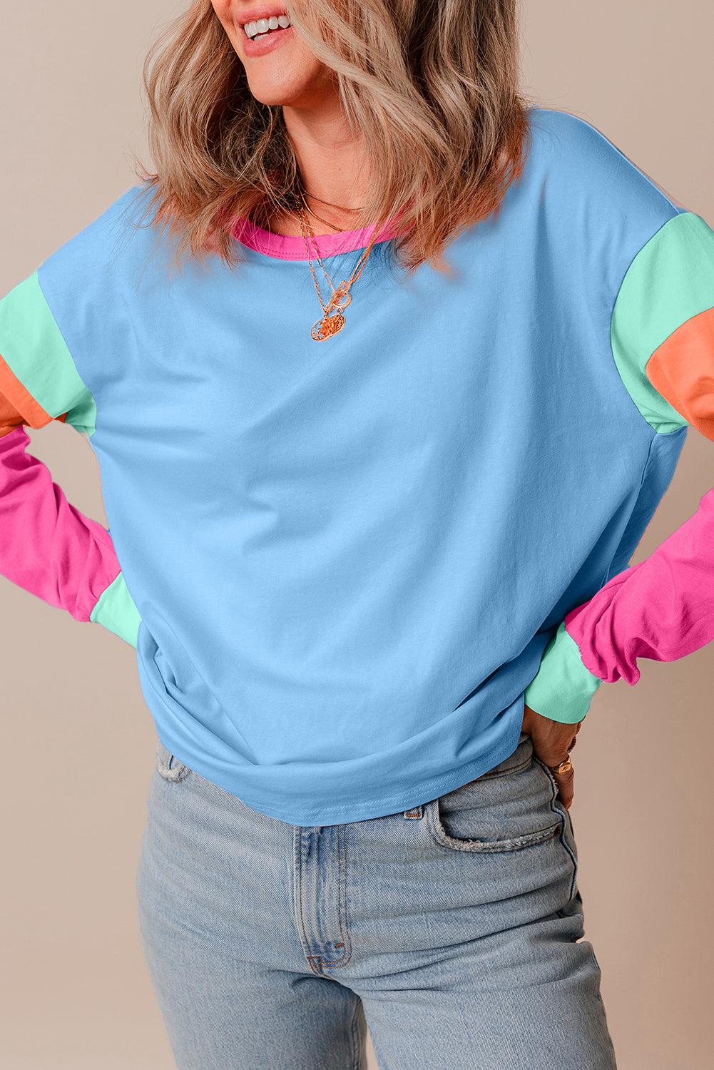 Piper Sky Blue Colorblock Patchwork Top