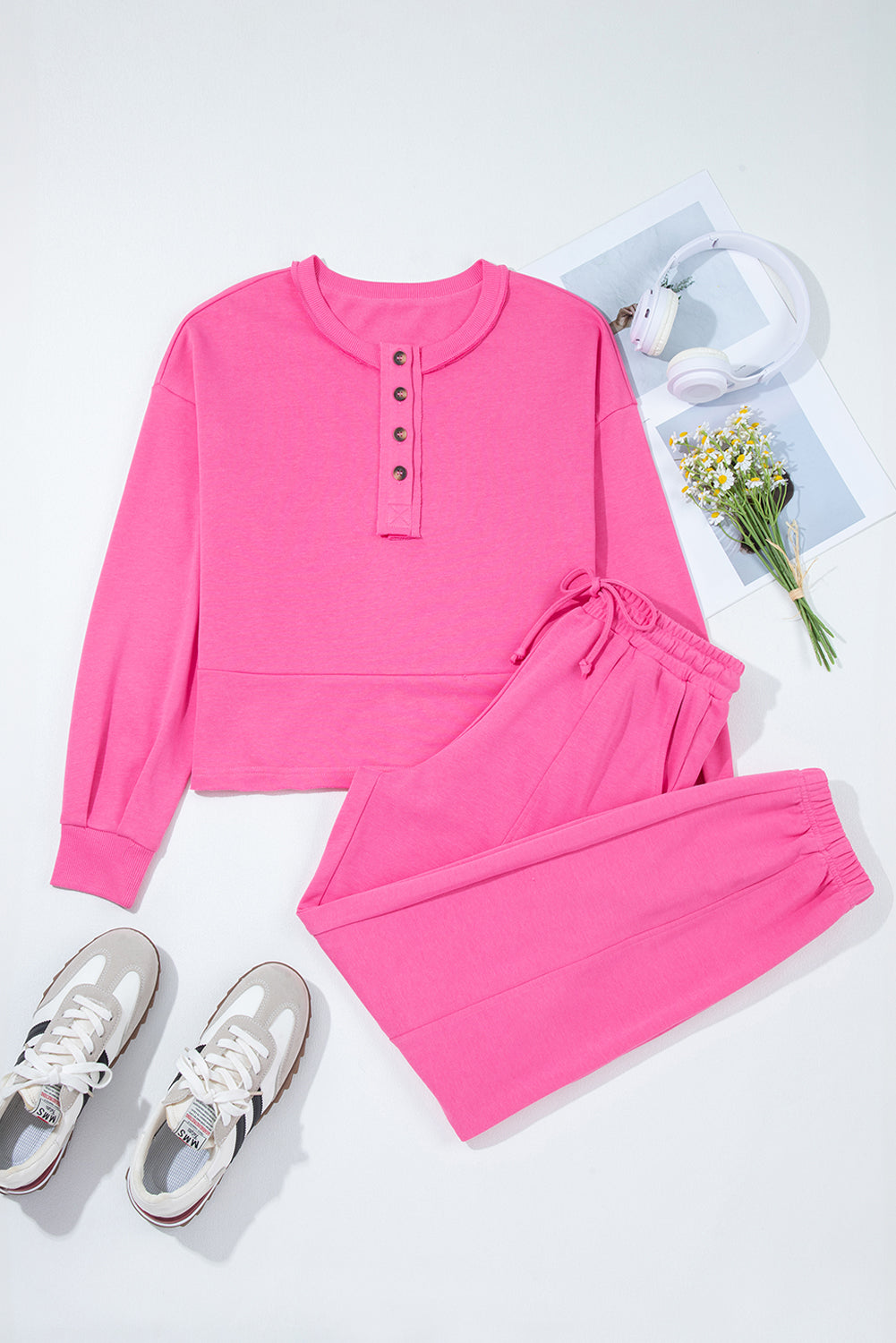 Bright Pink Raw Edge Half Buttons Pullover and Jogger Pants Set