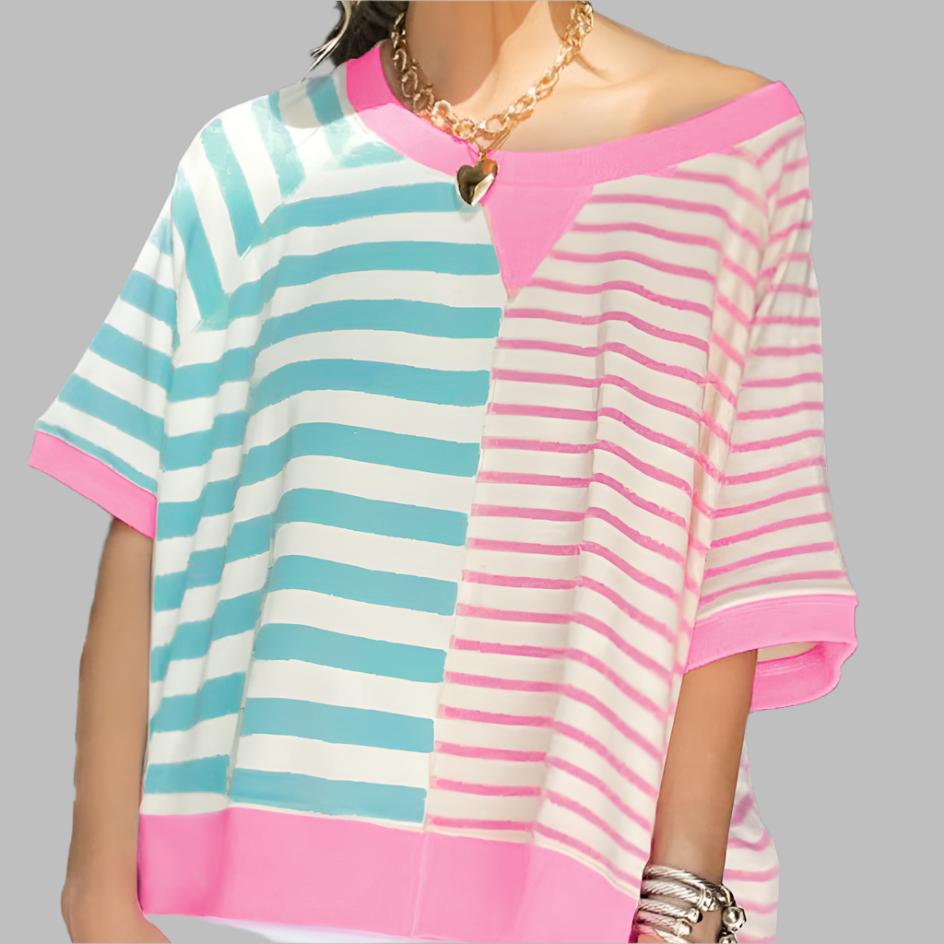 Blossom Pink Stripe Patchwork Oversized Tee