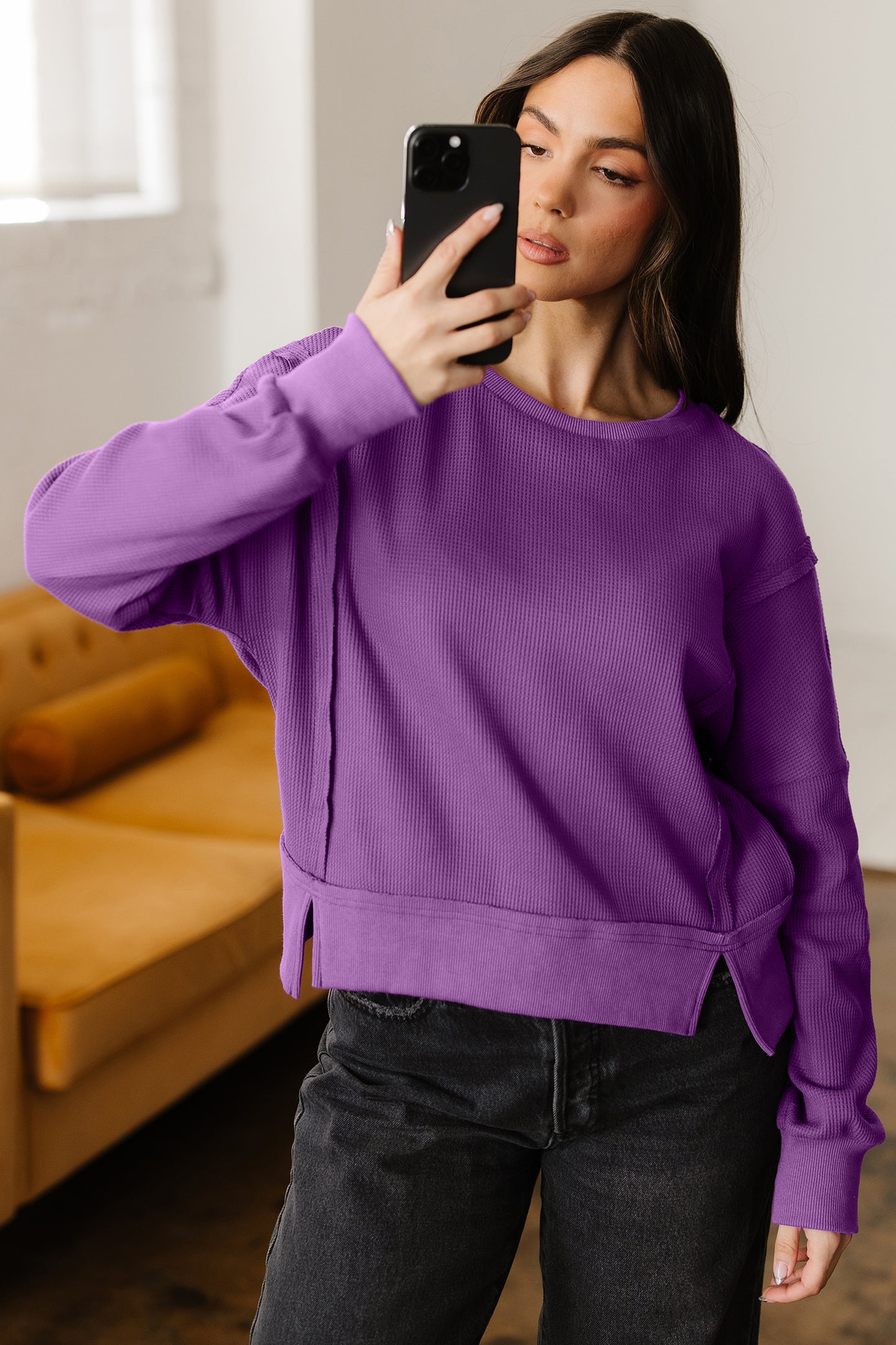 Orchid Mist Solid Color Raw Seam Patchwork Ribbed Drop Shoulder Sweatshirt