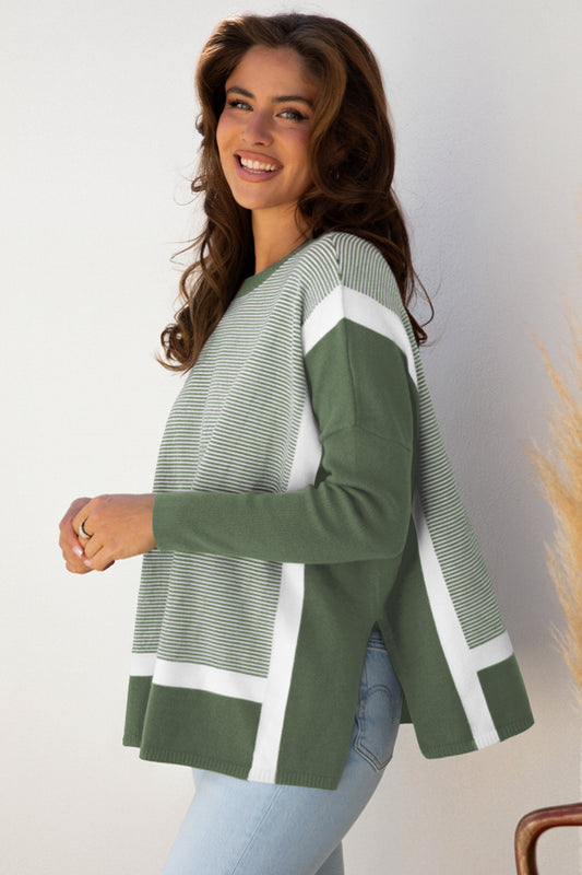 Green Stripe Color Block Patchwork Dolman Oversize Tunic Sweater