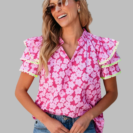 Laken Pink Floral Ric Rac Sleeve Top