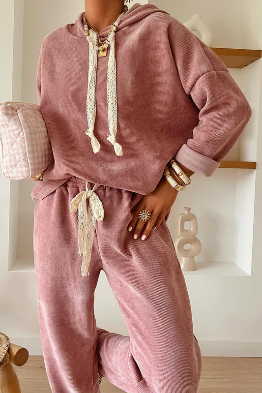 Rose Tan Lace Drawstring Pullover Hoodie and High Waist Pants Corduroy Suit
