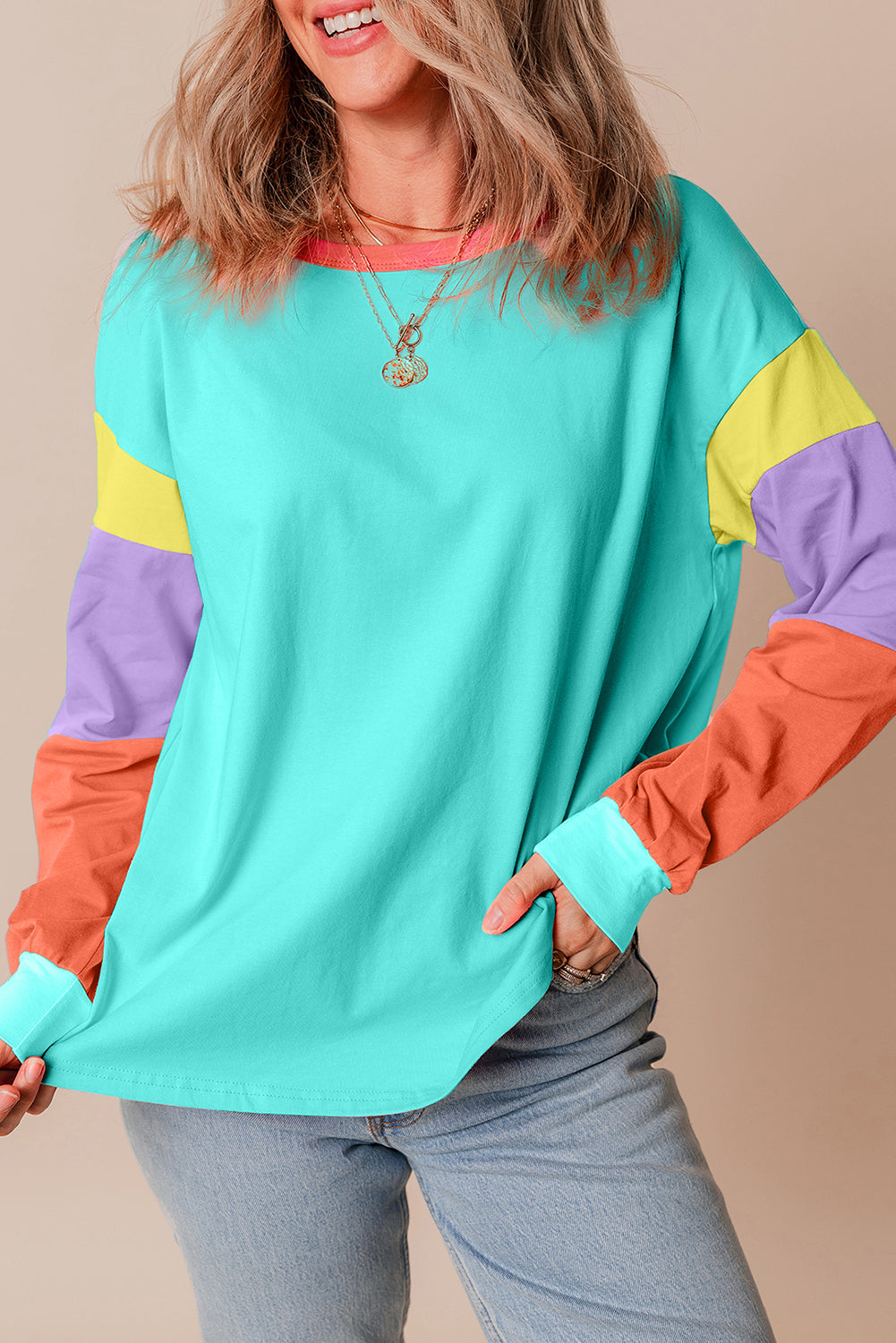 Piper Teal Colorblock Patchwork Loose Top