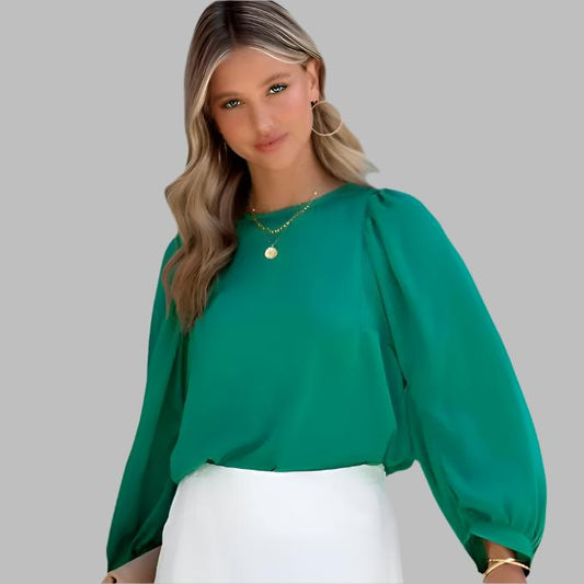 Ella Green Satin Puff Sleeve Blouse