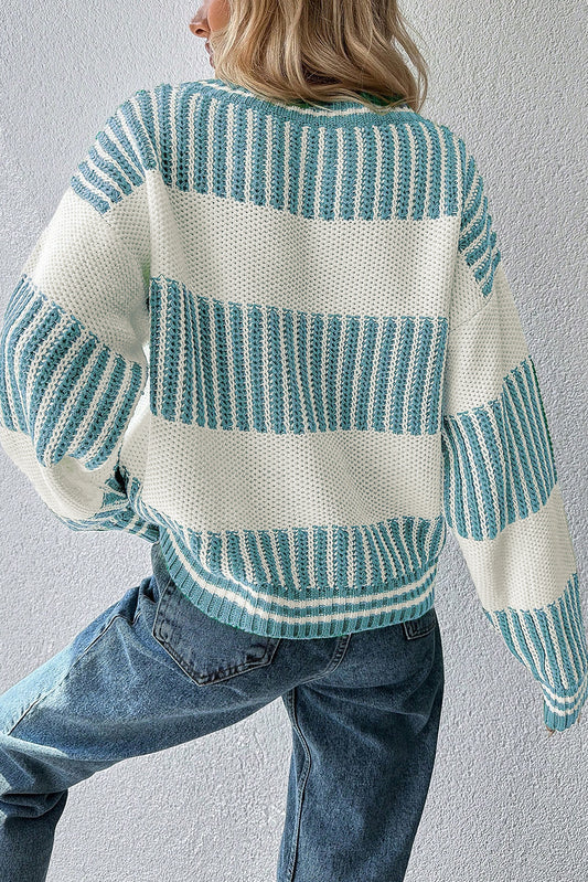 Light Blue Two Tone Striped Patchwork Drop Shoulder Loose Sweater