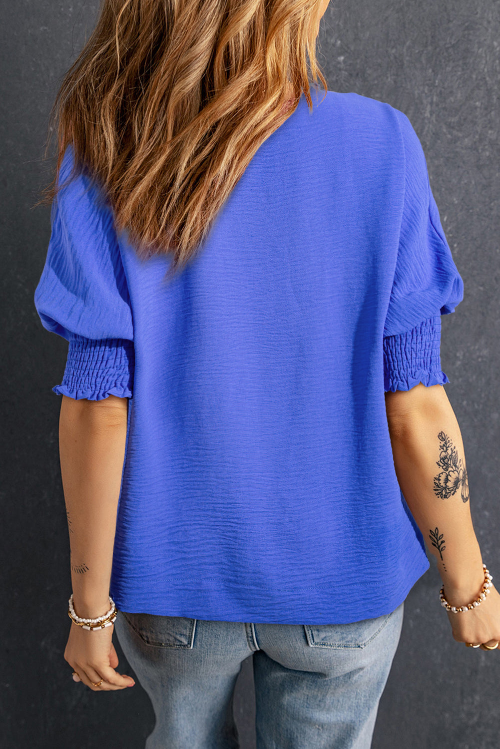 Audrey Blue Collared Smocked Sleeve Top