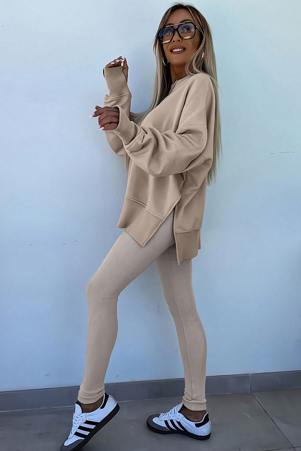 Jet Stream Solid Color Oversize Slit Sweatshirt Ribbed Leggings 2pcs Set